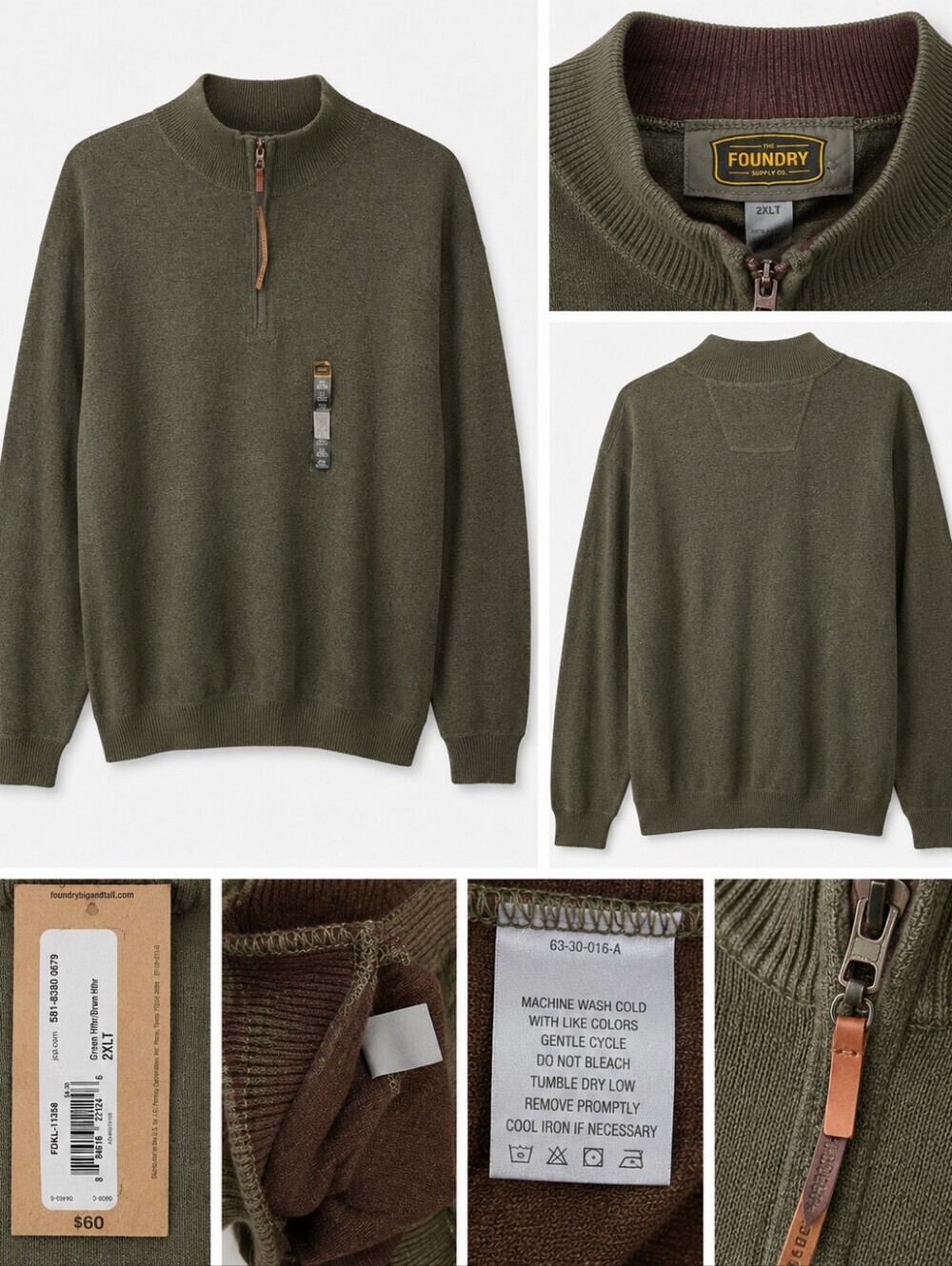 The Foundry Supply Co Men's 2XLT Olive Green Quarter Zip Sweater Cotton.